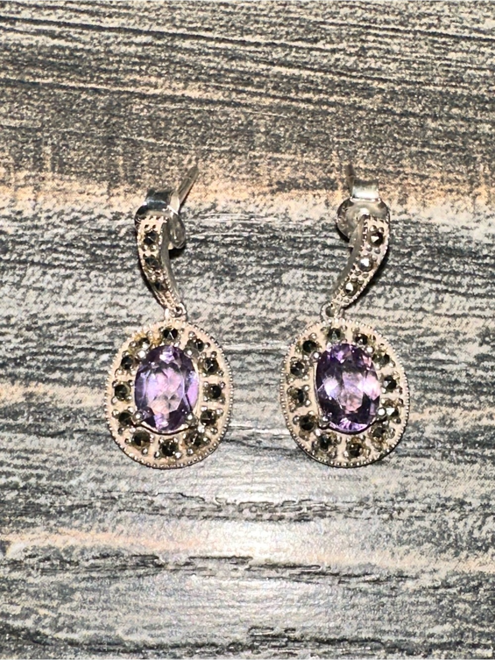 Vintage 925 Sterling Silver Amethyst/Marcasite Drop Earrings - Purple Gemstone